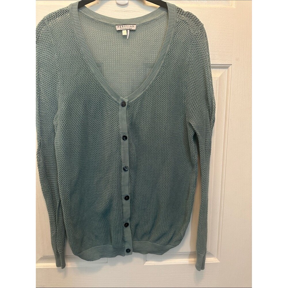 Peruvian Connection Sea Foam Green Lightweight Crochet Knit Button Cardigan Med